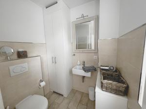 a bathroom with a toilet and a sink and a mirror at Dorf 36 in Ording