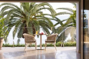 Ein Tisch und zwei Stühle vor einer Palme in der Unterkunft Hotel Palma in Tivat + 51 Fotos