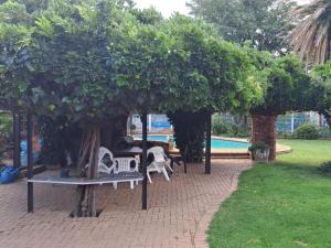 a garden with a table and chairs under a tree at Carey 43 in Bothaville