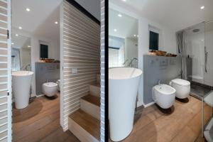 two views of a bathroom with three sinks and a tub at Casa Emily in Portovenere +8 photos