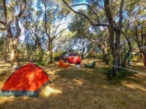 a tent and a car in a field with trees at ZEcamping 2 piscine animaux acceptés in Galeria