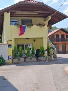 a yellow house with plants in front of it at Helena in Trzin