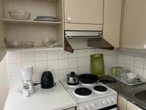 a kitchen counter with a stove top oven in a kitchen at Kangaskartano Yksiö in Keitelepohja +4 photos