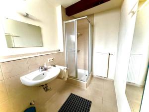 a bathroom with a sink and a shower at Gasthaus Rose in Niedernhall
