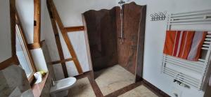 a bathroom with a toilet and a wooden shower stall at Appartment Paula in Heinsdorfergrund