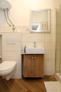a bathroom with a sink and a toilet and a mirror at DJ Pula Studio - City Center in Pula +18 photos