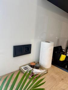a table with a roll of paper towels and a tv at ALEKSANDRA 5 - Leaf in Kielce