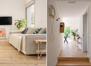 a living room with a couch and a table at STUDIO 14 - apt design con terrazza sul fiume - 2 biciclette incluse - vicino al centro in Treviso