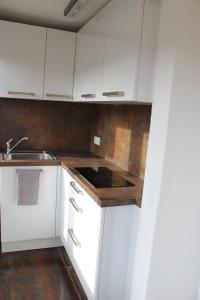 a kitchen with white cabinets and a sink at Bungalow Schönblick in Pirna