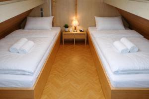 two twin beds in a small room with a lamp at Vineyard cottage Hočevar in Novo Mesto