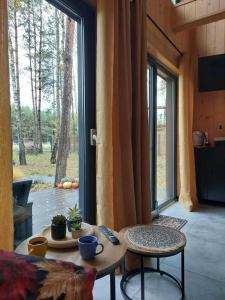 a living room with a table and a large window at Leśne Domki in Życiny