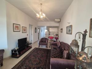 a living room with a couch and a tv at K31 Peaceful 2 Bedrooms Nile Resort Flat in Luxor in Luxor
