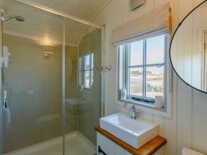 a bathroom with a sink and a shower and a mirror at 1 Bed in Rhayader oc-90277 in Saint Harmon