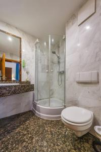 a bathroom with a shower and a toilet and a sink at Hotel Fürstenhof in Rathenow +25 photos