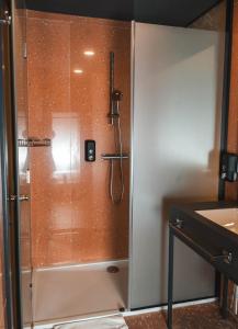 a shower with a glass door in a bathroom at Bed and Breakfast Portal in Ljubljana +33 photos