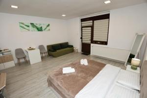 a bedroom with a large bed and a living room at Danser Residence Reșița in Reşiţa