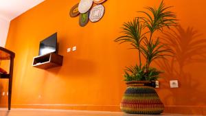 an orange wall with a large vase with a plant in it at Residence Mamie Léo in Abidjan