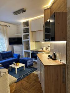 a kitchen and living room with a blue couch at Lux Beba Pancevo in Pančevo