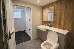 a bathroom with a toilet and a sink and a mirror at The Croft in Ramsey +8 photos