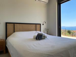 a bedroom with a large bed with a large window at Villa Ilios in Paleros