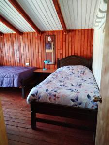 a bedroom with two beds in a room with wooden walls at Hospedajes y Cabañas Marisol in Curacautín +9 photos