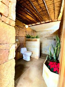 a bathroom with a toilet in a stone wall at El Principito Hospedaje in Barichara +57 photos
