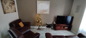a living room with a christmas tree and a television at Villa Mon Repos 3 in La Bourboule