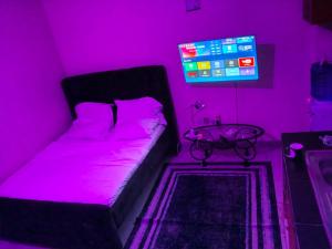 a pink room with a bed and a tv at Silverline Suite in Kitengela 