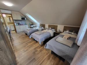 a group of beds in a room with wooden floors at Li-Vi Apartman Debrecen in Debrecen