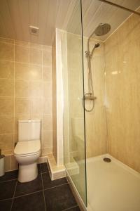 a bathroom with a toilet and a glass shower at The Lawns Guest House in Retford +27 photos