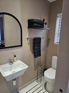 a bathroom with a sink and a toilet and a mirror at Cape Town Glam in Welgemoed