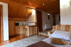 a living room with a couch and a kitchen at Apartamenty Pod Gruszką in Tarnawa Górna
