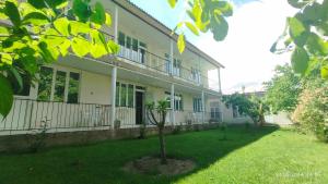 a building with a tree in front of it at Boomerang Guest house in Cholpon-Ata