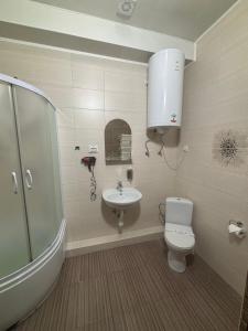 a bathroom with a toilet and a sink and a shower at Hostel Iskra in Lviv +43 photos