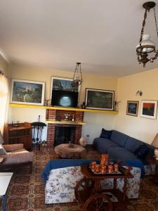 a living room with a blue couch and a fireplace at Quarto triplo - Casa Azul - Águas de São Pedro in Águas de São Pedro
