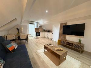 a large living room with a large flat screen tv at Appartement douillet in Haspres