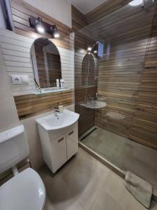 a bathroom with a toilet and a sink and a shower at Li-Vi Apartman Debrecen in Debrecen +21 photos