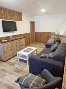 a living room with two couches and a flat screen tv at Sklípek u Štýblů in Velké Němčice