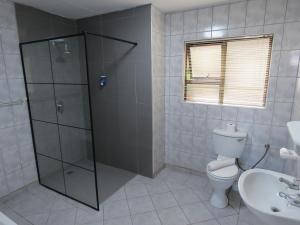 a bathroom with a shower and a toilet and a sink at Ngandu at Sea in Meersig +19 photos
