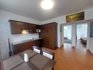 a kitchen and dining room with a table and chairs at Holiday Art Garden&Spa in Balatonfüred