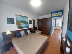 a bedroom with a large bed with blue pillows at Holiday Art Garden&Spa in Balatonfüred +23 photos