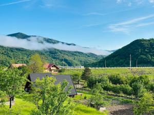 a house in a field with mountains in the background at MooN by Sun&Moon Cabins in Măneciu