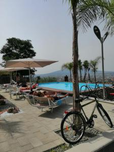 a bike parked next to a pool with people laying in chairs at Villa Mola Bed And Breakfast in Corbara