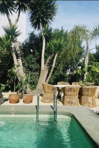 a swimming pool with chairs and a table and palm trees at Casa Con Destino in Jalón