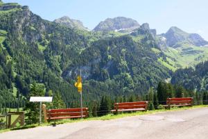 a road with two benches on the side of a mountain at Berggasthaus Voralp in Grabs +1 photo