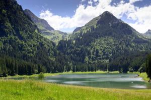 a mountain lake in the middle of a valley at Berggasthaus Voralp in Grabs