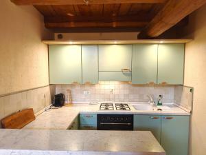a kitchen with blue cabinets and a sink at Hostdomus - Flower Loft in Cesana Torinese
