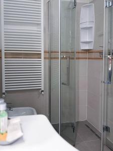 a bathroom with a glass shower and a toilet at Dolomiti Nest in Tesero