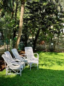 a group of chairs sitting in the grass at La Maison Bougainvillea in Mahabalipuram
