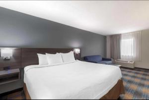 a hotel room with a large bed and a blue chair at Downtown Inn & Studio Suites in Memphis +1 photo